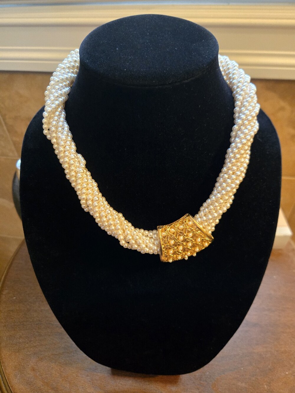 Vintage Multi Strand Faux Pearl Torsade Necklace Gold Centerpiece, Appro 19 "